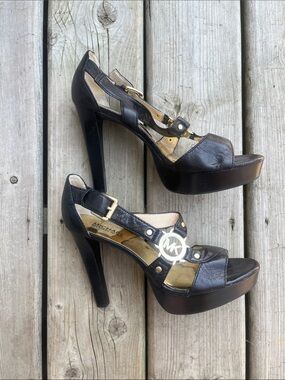 Michael Kors Platform Heels, Black leather with gold accents.